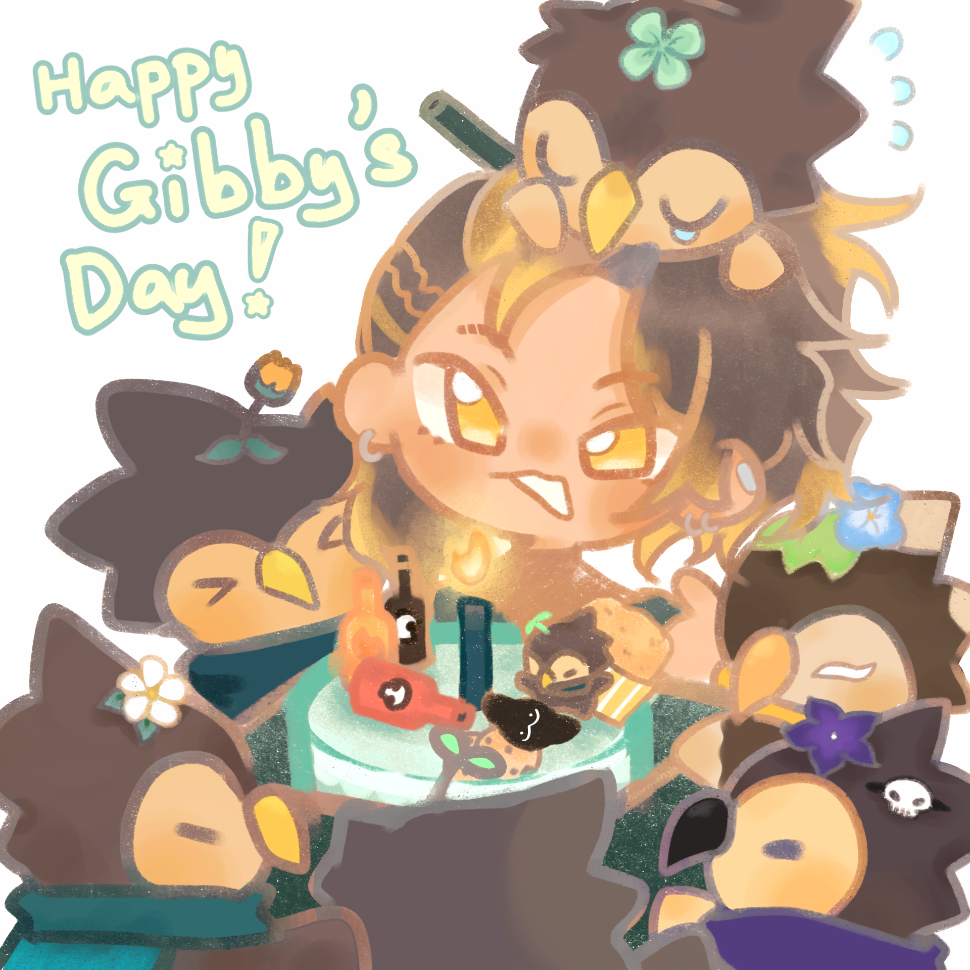 Chibi-style drawing of Goldbullet receiving a cake from five Bubbies. The cake is decorated with edible sculptures of hot sauce bottles and other references to his streams. Text in the upper left corner says 'Happy Gibby's Day!'